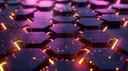 Abstract hexagonal pattern with glowing neon edges, symbolizing connectivity and advanced technology.の素材