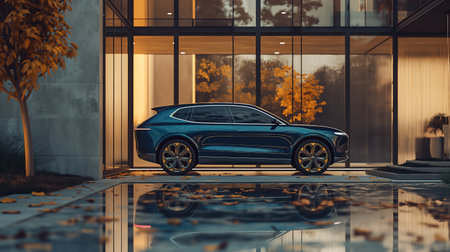 A sleek electric vehicle parked outside a contemporary house at dusk, reflecting on a wet driveway, embodying luxury and sustainable living.の素材