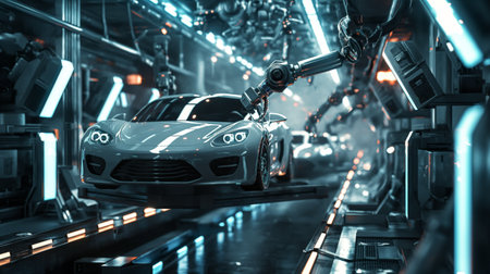 Industrial robotic arms assembling a sports car in an advanced automated production line with modern lighting.の素材