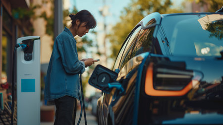 Young female charging her electric car at a city charging station while looking at her phone.の素材