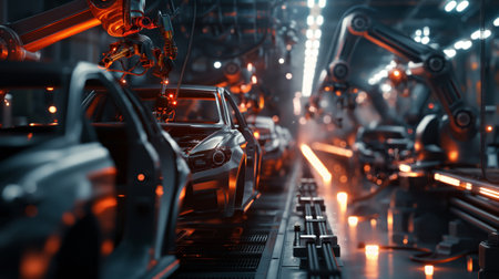 Cars being assembled by robotic arms in an industrial, automated production line with vibrant lighting.の素材
