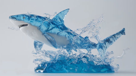 A dynamic sculpture of a shark composed of crystal-clear blue material, resembling splashing water, on a plain background.の素材
