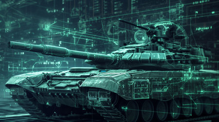 Holographic outline of a tank with digital interface background, illustrating advanced technology in military design.の素材