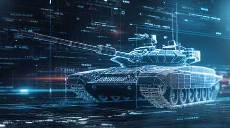 Holographic outline of a tank with digital interface background, illustrating advanced technology in military design.の素材