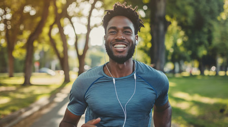 A happy young man jogging in a park, wearing earphones with sunlit trees in the background.の素材