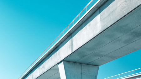 Abstract perspective of a concrete overpass with a clear blue sky in the background, depicting urban infrastructure and design symmetry.の素材