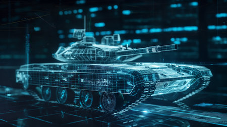 Holographic outline of a tank with digital interface background, illustrating advanced technology in military design.の素材