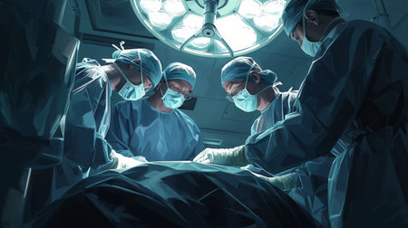 A team of surgeons focused on a procedure under bright surgical lights, conveying dedication and teamwork in healthcare.の素材