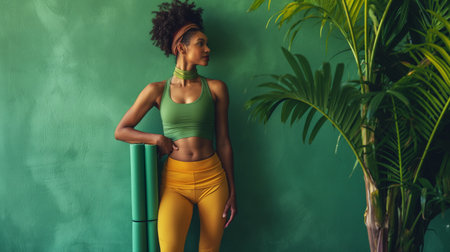 Stylish young woman in athleisure standing with yoga mat, looking away.の素材