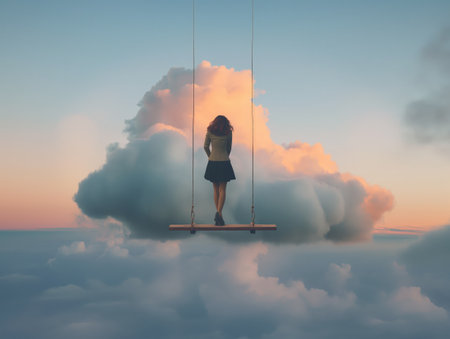 A person swinging on a dreamy cloud swing at dusk, evoking a sense of freedom and imagination.の素材