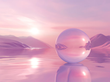 A tranquil pink-colored landscape with a reflective sphere at sunrise, creating a peaceful and surreal atmosphere.の素材