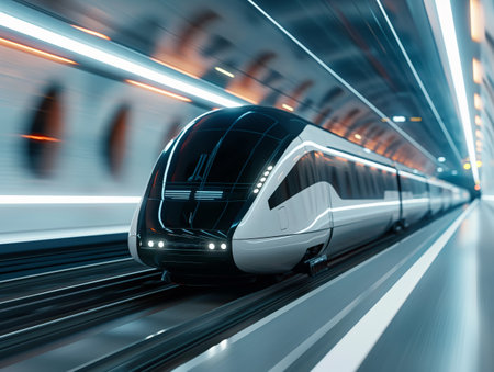 A modern train speeds through a sleek station, capturing the concept of innovation and rapid transit.の素材
