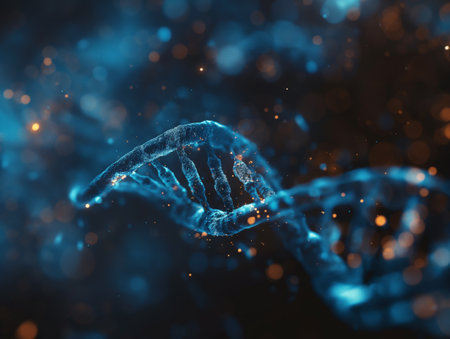 Close-up of a luminescent DNA helix with sparking highlights symbolizing biotechnology and life sciences.の素材