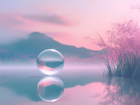 A tranquil scene with a crystal ball reflecting a serene landscape at twilight, with soft pink hues and a calm lake.の素材
