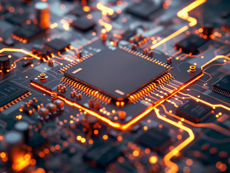 Detailed macro shot of a microchip with glowing orange circuit lines, symbolizing technology and innovation.の素材
