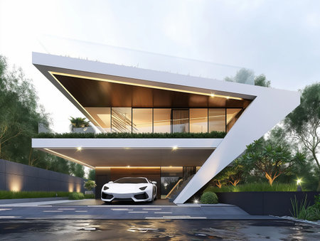 Contemporary home architecture featuring a white luxury sports car parked outside.の素材