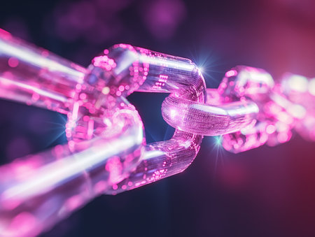 Close-up of glowing digital chains with secure link, representing blockchain technology and cyber security.の素材