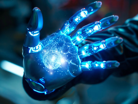 A robotic hand with illuminated circuits presenting a glowing digital network sphere, symbolizing advanced technology and connectivity.の素材