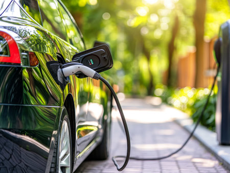 Side view of a green electric car connected to a charging station, on a bright day with lush foliage in the background.の素材
