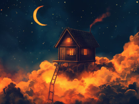 Surreal artwork of a wooden cabin atop clouds, illuminated by warm light with a crescent moon and stars above.の素材