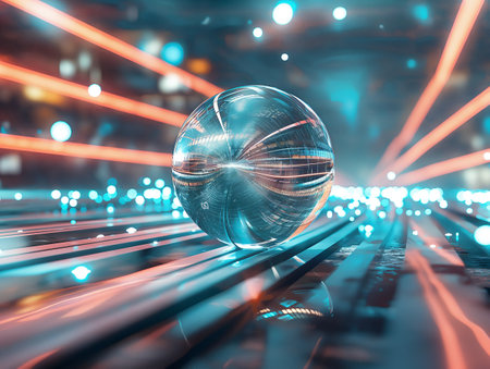 Glass sphere centered on a glossy surface with vibrant neon lines and bokeh, depicting high-speed technology and data concepts.の素材