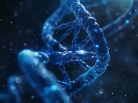 Close-up of a luminous blue DNA double helix in a dark background, symbolizing biotechnology and genetic research.の素材