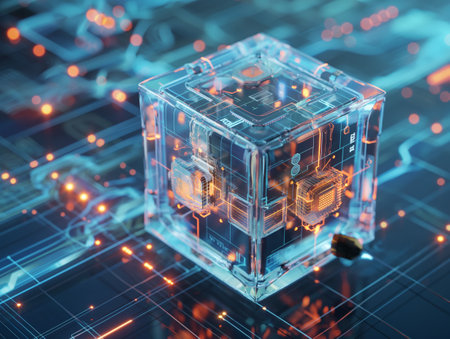 Transparent cube structure with illuminated circuits implying advanced computing technology and quantum mechanics in a dark blue environmentの素材