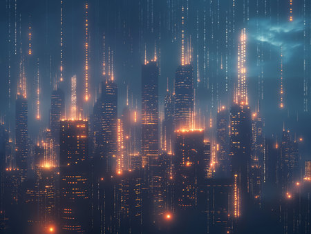 An atmospheric night city with illuminated buildings and vertical light trails, evoking a futuristic and digital ambianceの素材