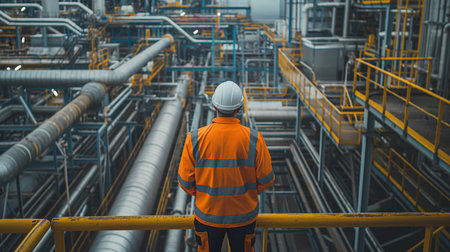 A professional in high visibility clothing surveys an expansive industrial site with intricate piping and structures.の素材