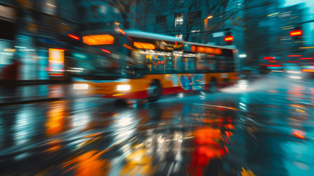 Blurred motion of a city bus at night with colorful street reflections.の素材