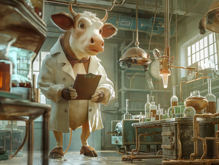 A whimsical depiction of a cow as a scientist standing in a lab with equipment and clipboard.の素材