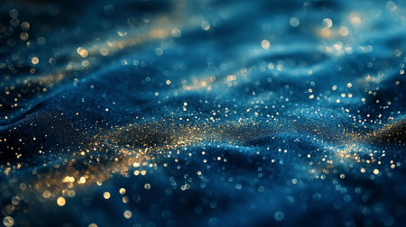 Close-up of a textured blue surface with sparkling glitter creating a dreamy bokeh effect.の素材