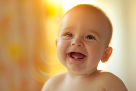 Close-up of a happy baby smiling with sunlight flaresの素材