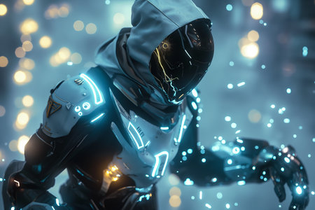 A high-tech cyborg with glowing details stands against a backdrop of soft lights, evoking an advanced sci-fi setting.の素材