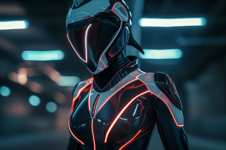 A sleek female cyborg with glowing neon contours stands in a dimly lit futuristic environment, embodying advanced technology and artificial intelligence concepts.の素材