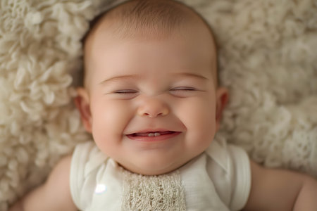 Close-up of a happy baby with a beaming smile and closed eyes lying on a fluffy blanket.の素材