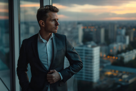 A pensive businessman looking out over the city at twilight.の素材