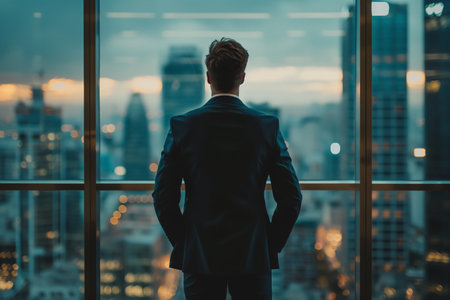 A businessman stands before a window overlooking a cityscape at twilight, contemplating.の素材