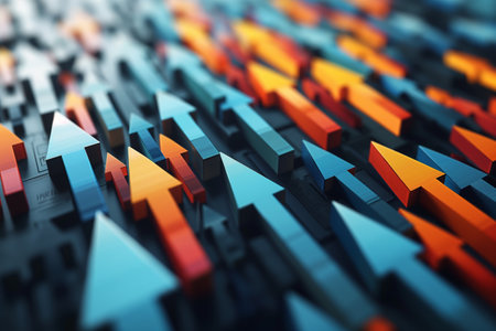 A multitude of 3D arrows in varying shades of blue, orange, and red, suggesting movement, direction, and decision-making across a chaotic backdrop.の素材