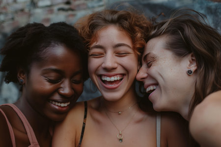 Three happy young women sharing a close and candid moment of laughter, exemplifying friendship and diversity.の素材