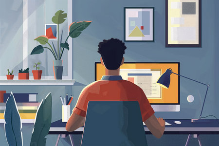 A person at a tidy desk with a computer monitor, plants, and framed artwork.の素材