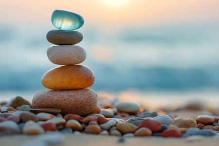 A serene pile of stones balanced on a beach with sunset hues reflecting on the rocks.の素材
