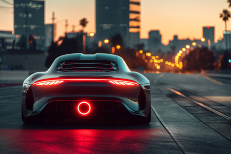 Sleek sports car with glowing lights parked on urban street at dusk, city skyline in background.の素材