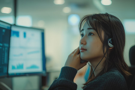 A pensive young woman with headphones in an office setting, reflecting with a backdrop of computer screens displaying graphs.の素材