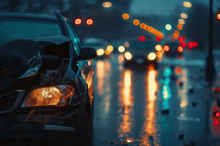 Close-up of a damaged cars headlight during a rainy night, with blurred traffic lights in the background.の素材