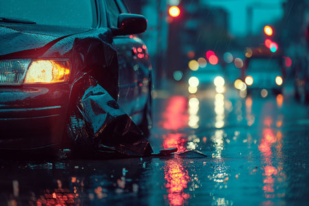 Close-up of a car with a dented front fender and broken headlight on a wet urban road at night, illuminated by traffic lights.の素材