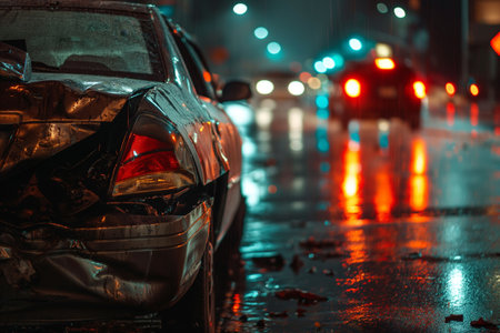 Close-up of damaged car after an accident on a reflective rainy urban road with blurred city lights in the background.の素材