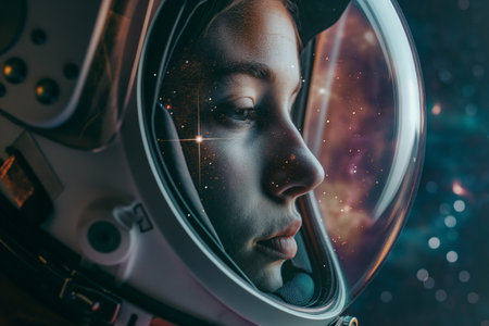 Close-up of a contemplative astronaut with a reflection of the universe in the helmets visor.の素材