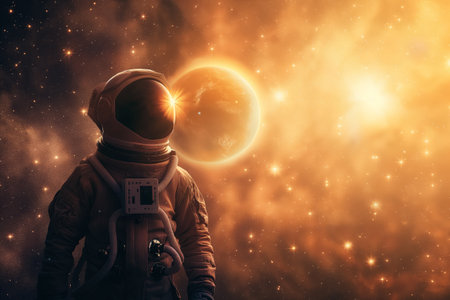 An astronaut in space gear stands before a glowing planet and starry backdrop, evoking themes of exploration and discovery.の素材