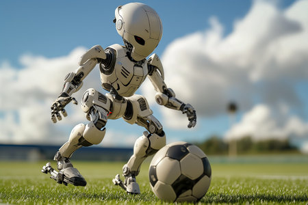Advanced humanoid robot showcasing skills in a football match on fresh green grass under a blue sky.の素材